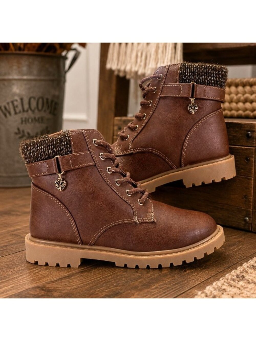 Jellypop Ariadne 2 Girls 3M Boots Cognac Faux Leather Knit Cuff Lug Sole